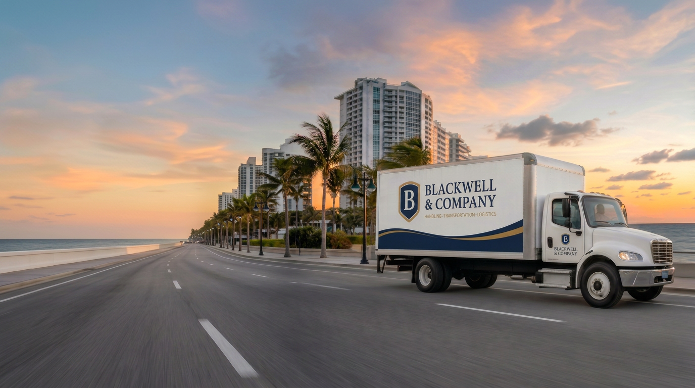 Blackwell & Company branded box truck driving along a coastal road at sunset with palm trees and ocean skyline